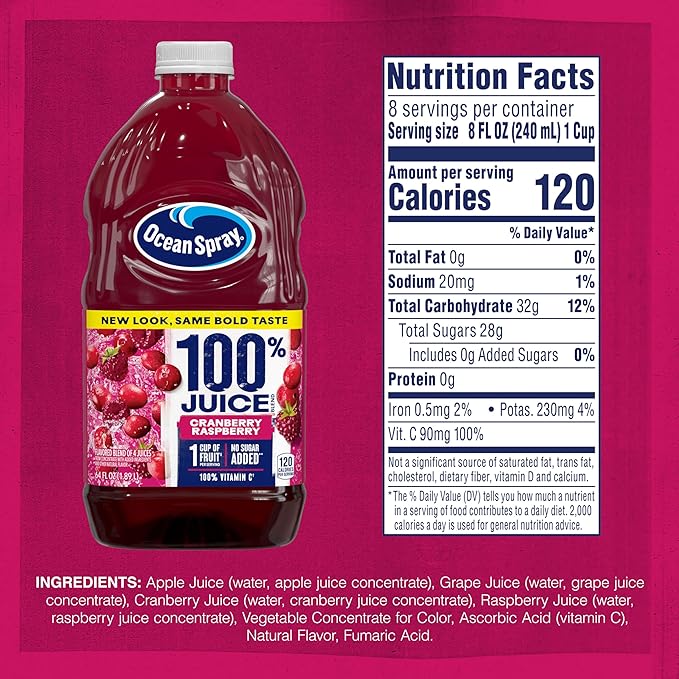 Ocean Spray® 100% Juice Cranberry Raspberry Juice Blend 64 Fl Oz Bottle (Pack of 8)