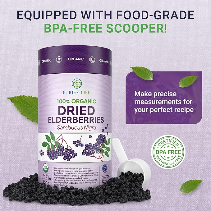 USDA Organic Dried Elderberries 1lb Bulk (Safest Packaging Resealable Bag BPA-Free Scoop) Natural non-irradiated Raw Whole Black Elderberry Immune Support Make Sambucus Elderberry Syrup 1 Pound