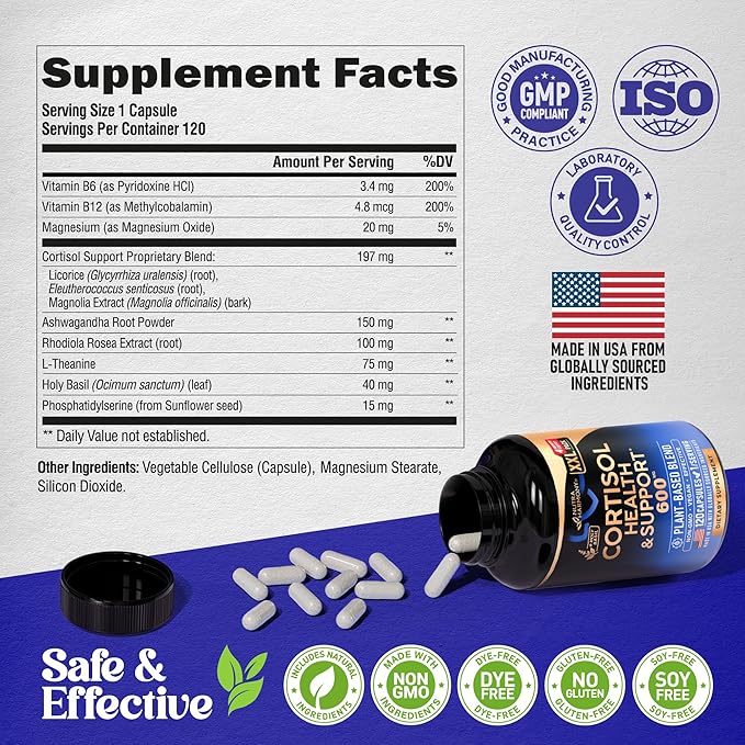 Cortisol Supplement for Women - Holy Basil | Ashwagandha | Rhodiola | L-Theanine - Plant-Based Hormone Balance - Mood Focus &amp Sleep Support - Made in USA - Vegan Non-GMO - 120 Capsules for 4 Mon