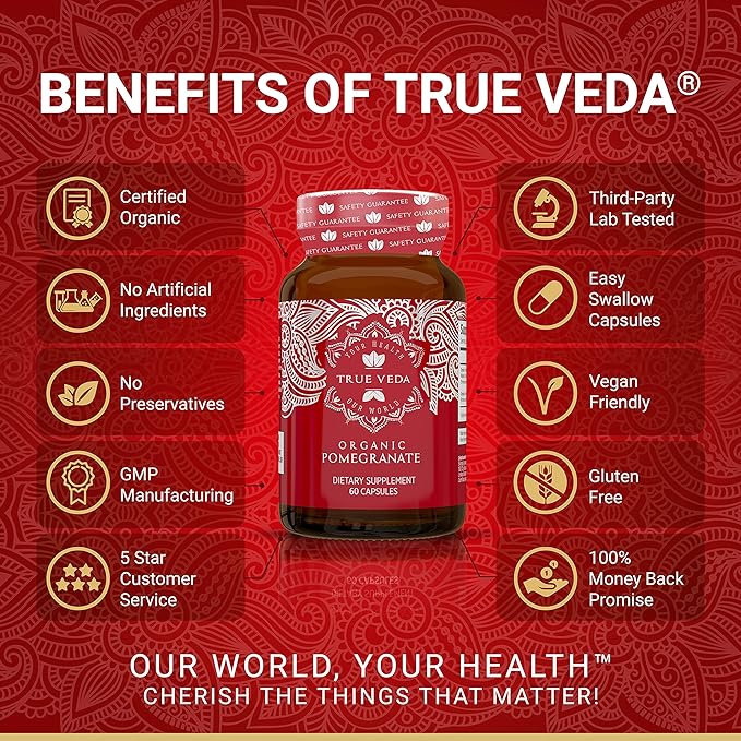 Organic Pomegranate Extract Supplement | USDA Certified Pomegranate Powder from Fruit | Natural Ellagic Acid &amp Punicalagins | 60 Vegan Capsules