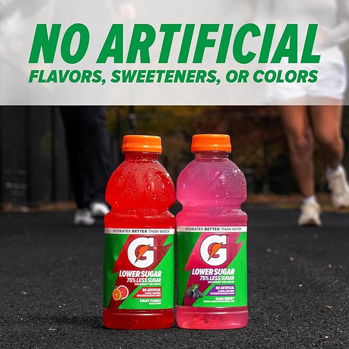 Gatorade Lower Sugar Electrolyte Sports Drink Rain Berry 12 fl oz Bottles (6 Pack) 75% Less Sugar No Artificial Flavors No Artificial Sweeteners No Artificial Colors Hydration