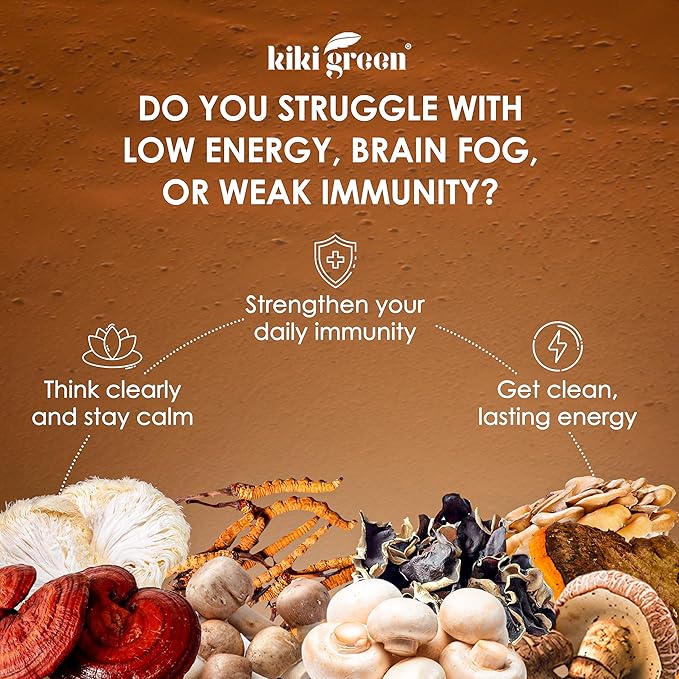 KIKI Green 8 Mushrooms Powder Extract - 4 oz Adaptogenic Complex for Coffee and Smoothies - Lion's Mane Chaga Reishi Cordyceps Maitake Shiitake - Focus and Energy