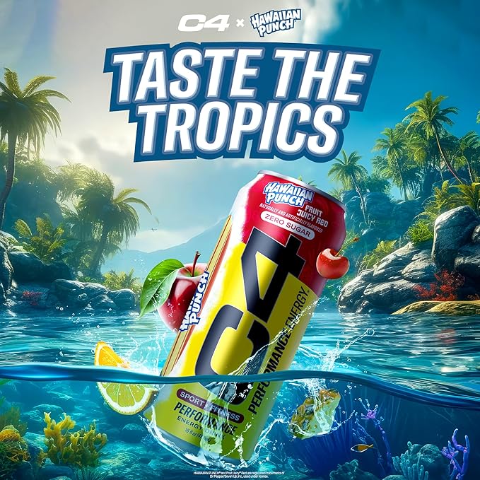 C4 Energy Drink Hawaiian Punch Fruit Juicy Red Carbonated Sugar Free Pre Workout Performance Drink with no Artificial Colors or Dyes 16oz (Pack of 24)