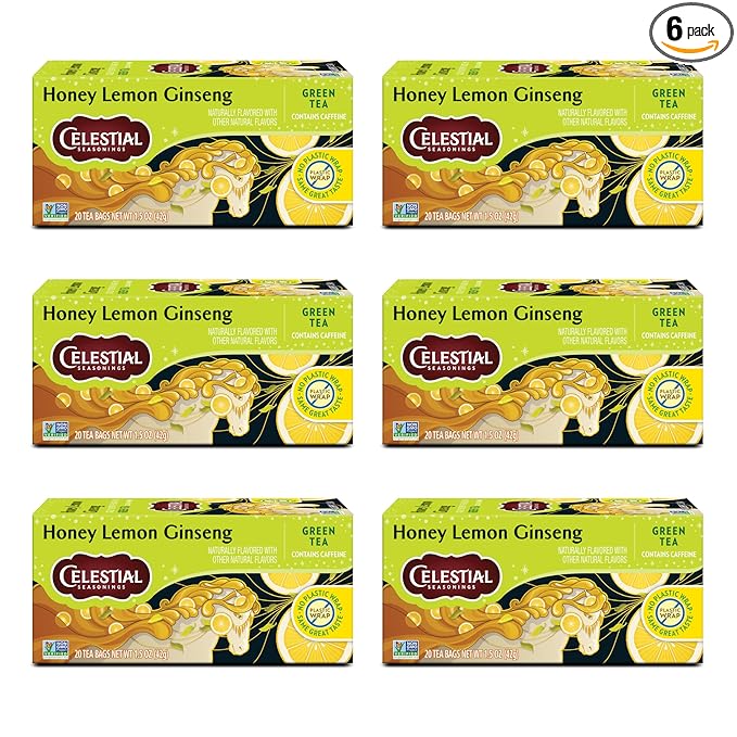 Celestial Seasonings Honey Lemon Ginseng Green Tea Caffeinated 20 Tea Bags Box (Pack of 6)