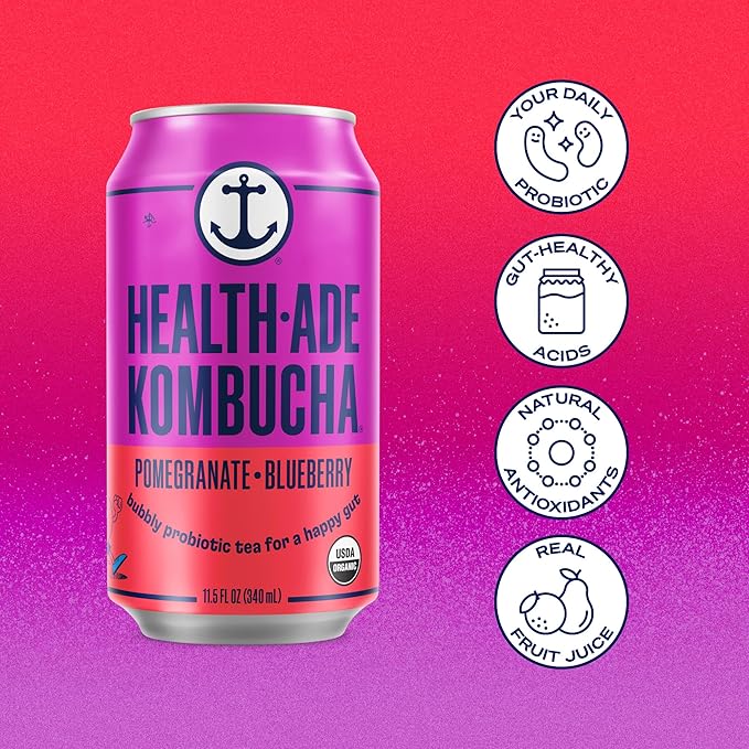 Health-Ade Pomegranate Blueberry Kombucha Organic Drink 12-Pack (11.5 Fl Oz Cans) - Fermented Tea with Probiotics Detoxifying Acids Supports Gut Health - Non-GMO Vegan Gluten-Free