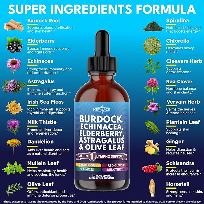 NEW AGE Lymphatic Drainage Supplement - Burdock Lymphatic Support Drops - Burdock Root Mullein Echinacea Elderberry Dandelion Astragalus Milk Thistle Red Clover - 4 oz
