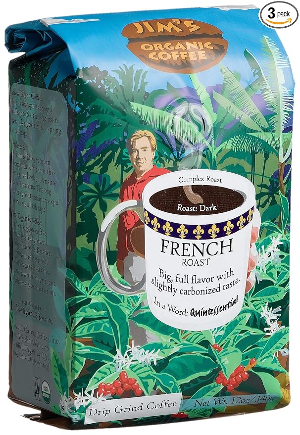 Jim's Organic Coffee Ground French Roast 12-Ounce Units (Pack of 3)