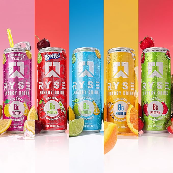 RYSE Functional Energy Drink - 5 Flavors Variety Pack - 150mg Natural Caffeine 8g Whey Protein &amp 1g Prebiotics - Sugar Free Gut-Friendly Bloat-Free - 12 fl oz Cans (12-Pack)