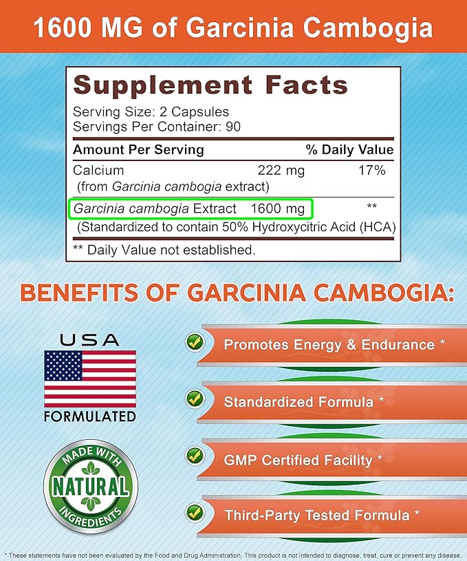 Garcinia Cambogia 1600 mg (180 Capsules) - Pure Natural Extract Supplement Pills - Standardized Garcinia Cambogia Alternative to Drops Gummies Liquid Tea &amp Powder