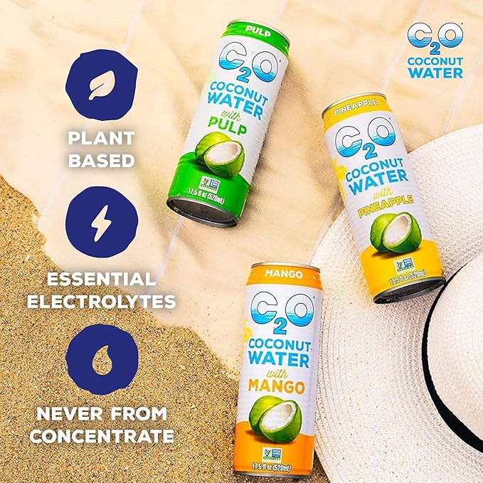 C2O - Coconut Water with Mango (12 Pack) - Made with Fresh Coconut Water - Plant Based - Non GMO - Canned Water - Natural Hydration Essential Electrolytes &amp Potassium - 12 Cans 17.5 FL OZ