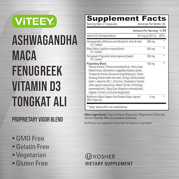 Viteey Ashwagandha Maca Fenugreek Supplement with Tongkat Ali – Drive Passion &amp Energy Support for Men &amp Women – Mood Calm &amp Stress Support - 60 Capsules