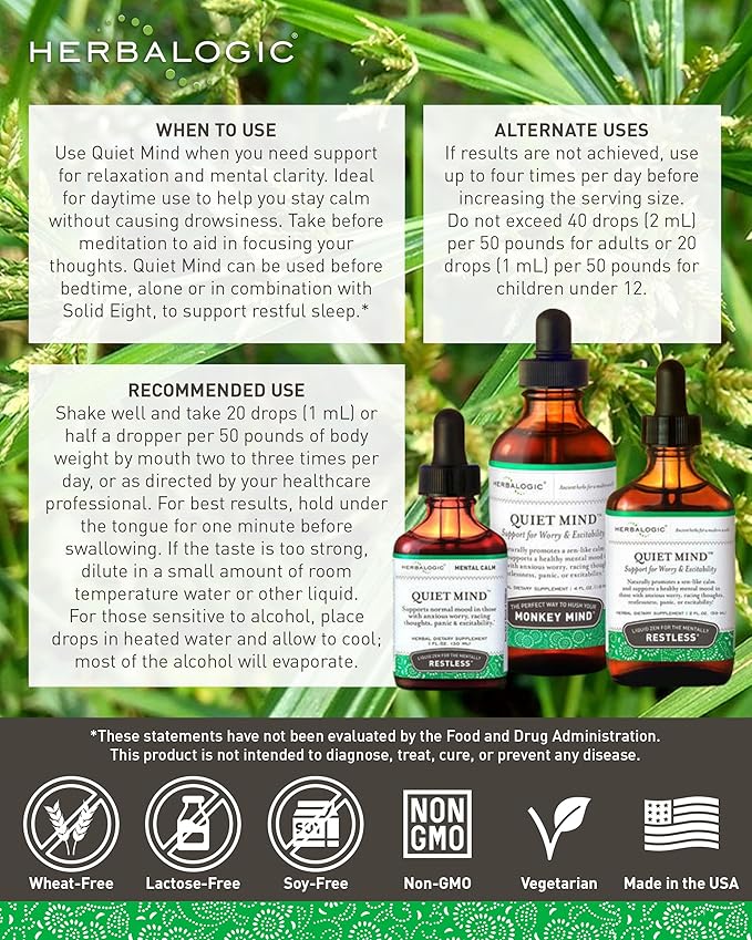 Herbalogic - Quiet Mind Liquid Herb Drops - Non-Sedating Promotes a Feeling of Zen-Like Calm - Eases Worry and Panicky Mood - Based on The Traditional Chinese Formula GUI Pi Tang - 2 Fl. Oz.