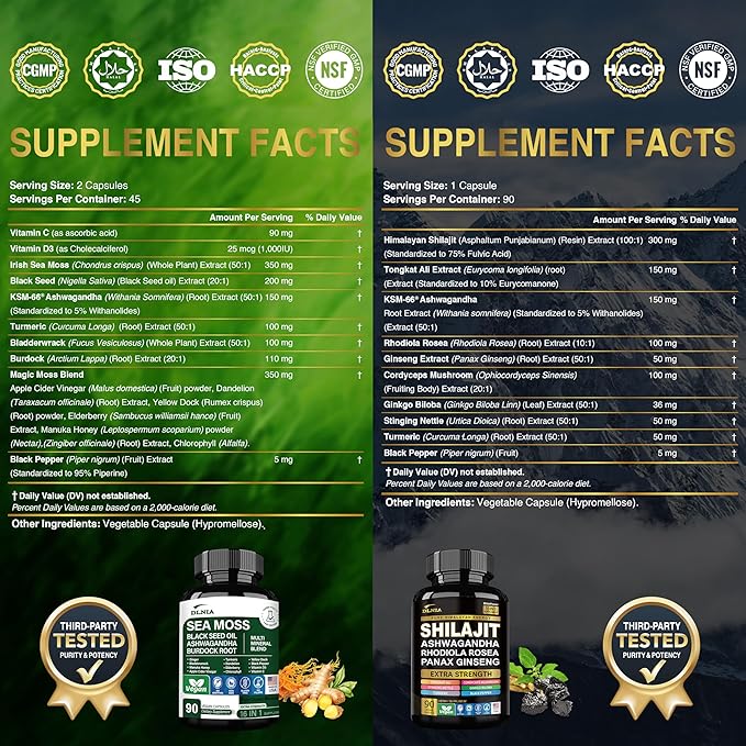 Shilajit 9000mg Sea Moss 17500mg Ginger &amp Black Seed Oil 4000mg Ashwagandha 5000mg Rhodiola Rosea 1000mg Panax Ginseng 1500mg All in 1 Supplement - Sea Moss &amp Shilajit Vitality Bundle