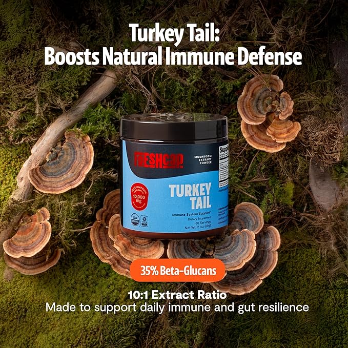 FreshCap Mushrooms Ayurveda Turkey Tail Mushroom Powder 10000mg - Turkey Tail Supplement Mushroom Extract for Immune Support Nootropic Supplement (60 Servings)