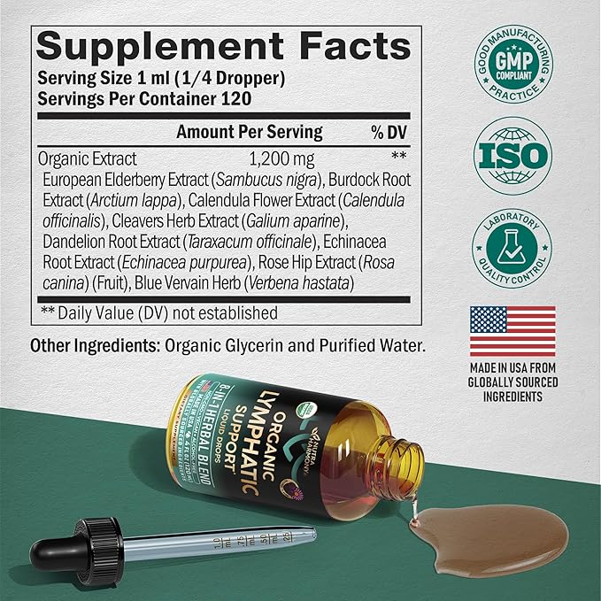 USDA Organic Lymphatic Drainage Supplement - Echinacea | Elderberry | Dandelion | Rosehip | Cleavers | Calendula | Burdock - Made in USA - Lymph System Drops - Immune Support Cleanse &amp Detox 4 f