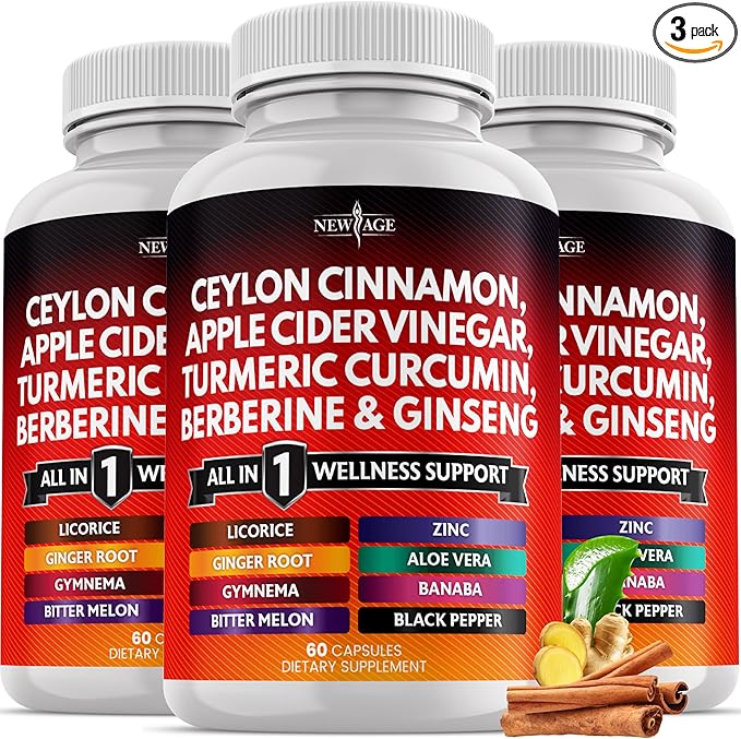Ceylon Cinnamon Turmeric Apple Cider Vinegar Ginseng Aloe Vera Berberine Plus Banaba Ginger Root - 180 Count