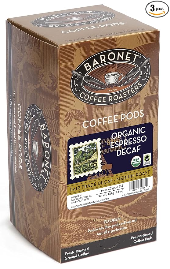 Baronet Coffee Organic ESE Espresso Pods - Decaf Roast - 3 Boxes of 18 Single Serve Espresso Pods – 54 Count 7.2 Grams - Individually Wrapped for Freshness - Rich Traditional Flavor