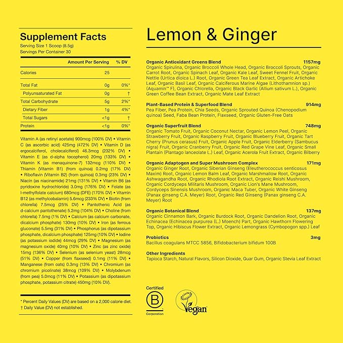 Huel Daily Greens Single Serve Lemon and Ginger | Superfood Greens Powder | 91 Vitamins Minerals and Wholefood-Sourced Ingredients | Adaptogens Antioxidants Gut-Friendly Probiotics | 12 Pack