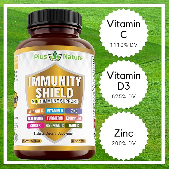 9-in-1 Immune Support Vitamin C (1000mg) Vitamin D3 (5000 IU) Zinc(22mg) with Elderberry Turmeric Echinacea Ginger Garlic and Pre+Pro-Biotic per Serving (120 caps per Bottle - 2 Month Supply)