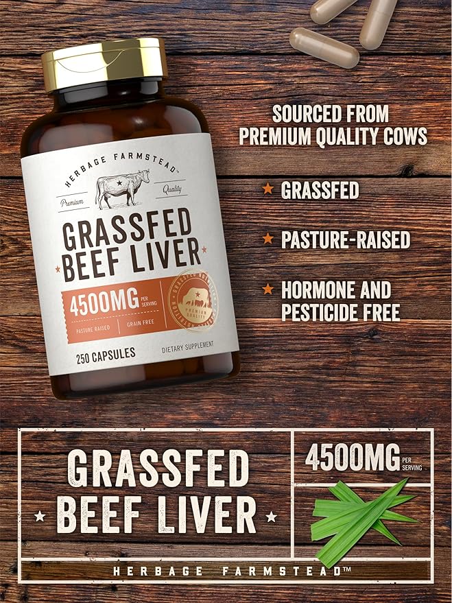 Carlyle Grass Fed Beef Liver Capsules | 4500mg | 250 Count | Desiccated Supplement | Non-GMO Gluten Free | by Herbage Farmstead