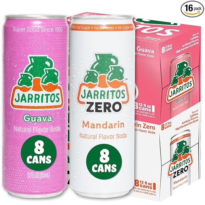 Jarritos Variety Pack of 16-12 oz Cans Authentic Mexican Soft Drink 8 Cans of Refreshing Guava Flavor and 8 Cans of Refreshing Mandarin ZERO Flavor