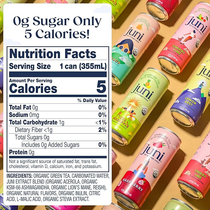 Juni Sparkling Adaptogen Drink with Ashwagandha Lion’s Mane &amp Reishi Mushrooms | Green Tea for Focus Zero Sugar 5 Calories | Decaffeinated Non Alcoholic Drinks - Cherry Lime 12 pack