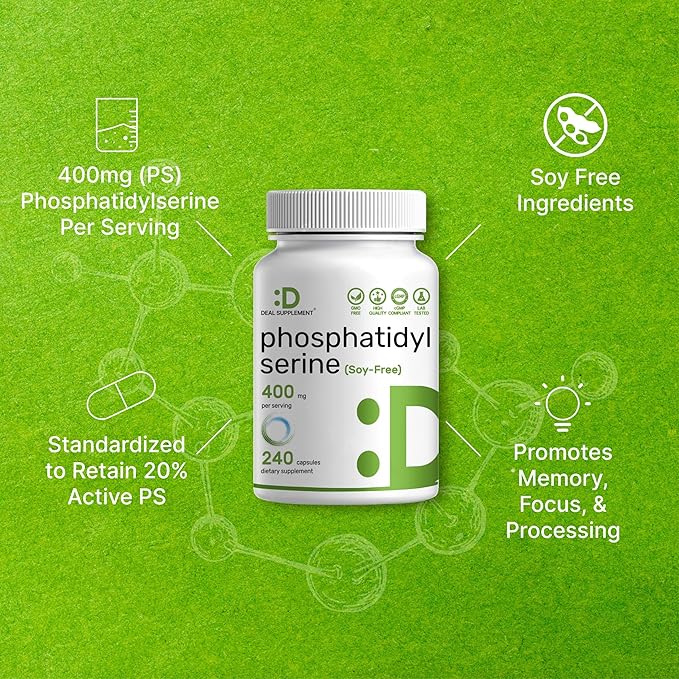 Phosphatidylserine Supplement 400mg Serving 240 Capsules – Soy Free Sunflower Lecithin Source
