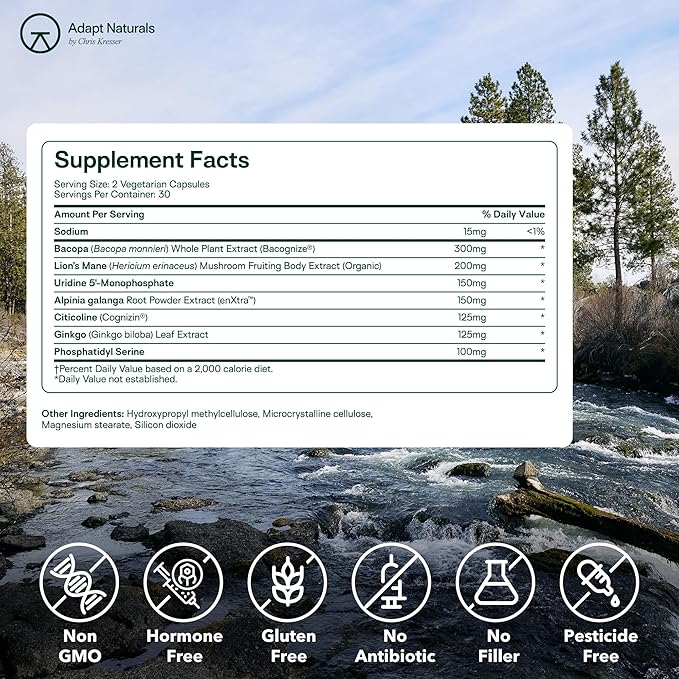 Adapt Naturals Luminous Mind Nootropic Brain Supplement with Ginkgo Biloba Bacopa and Lions Mane | Memory Focus Mental Clarity and Elevated Mood Support | No Caffeine Crash Free - 60 Days Supply