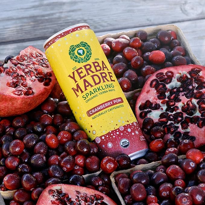 Yerba Madre Organic Sparkling Yerba Mate Cranberry Pom 115mg Natural Plant Based Caffeine Smooth Energy &amp Focus Carbonated 12oz Cans (Pack of 12) (Packaging May Vary)
