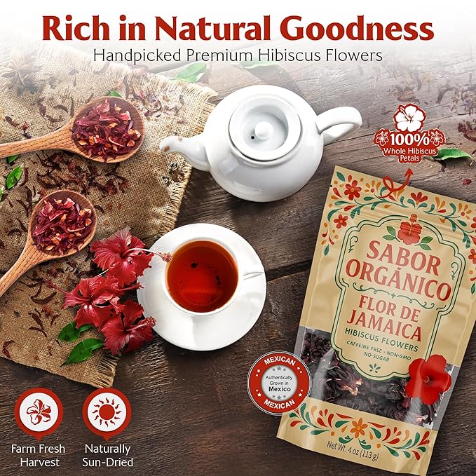 3LB Whole Dried Hibiscus Flowers (Flor de Jamaica) for Hibiscus Tea &amp Mexican Agua Fresca | Natural Non-GMO No Preservatives | Includes Resealable 1lb Stand-Up Pouches | Sabor Orgánico