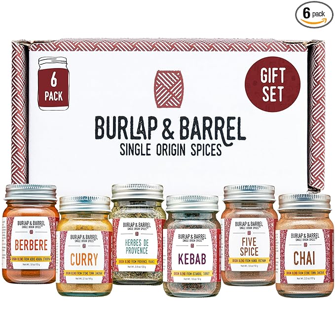 Burlap &amp Barrel Spices of the World 6-Pack Gift Set- As Seen on Shark Tank! Travel the World With 6 Delicious Spice Blends- Includes Chai Five Spice &amp More - 6 Full Size Jars