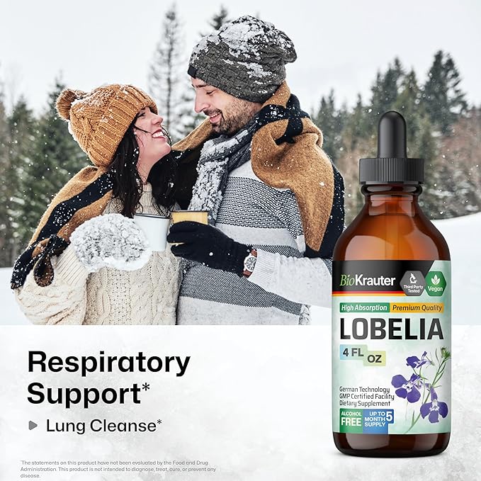 BIO KRAUTER Lobelia Tincture for Lung Cleanse &amp Detox - Pure Vegan Lobelia Herb Liquid Extract - 4 Fl.Oz 168 Days of Supply - Respiratory Support Supplement - Alcohol &amp Sugar Free Non-GMO