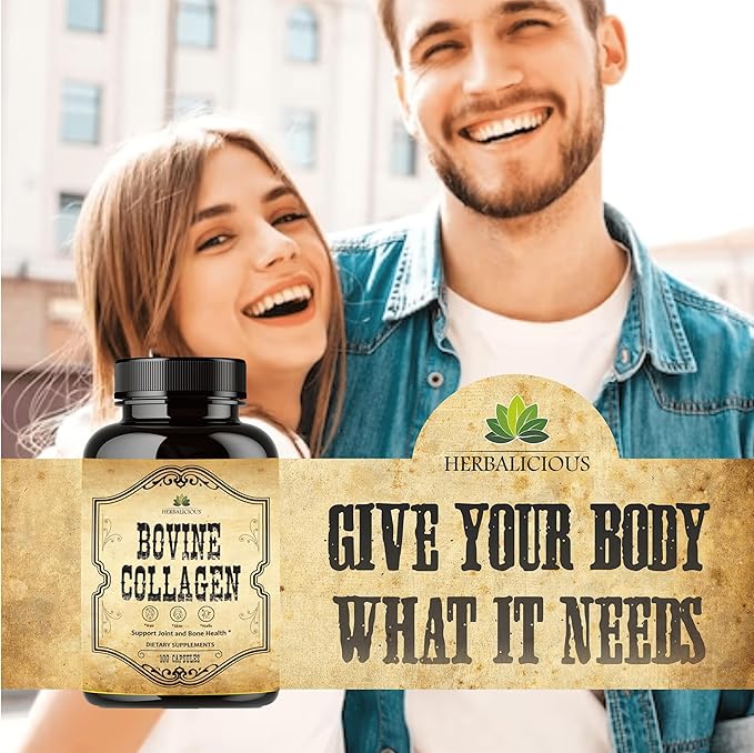 HERBALICIOUS Bovine Collagen Supplements for Men and Women | Hydrolyzed Grass-Fed Bovine Collagen Peptides | Joint Nerve &amp Bone Support | Non-GMO Anti-Aging | 100 Capsules
