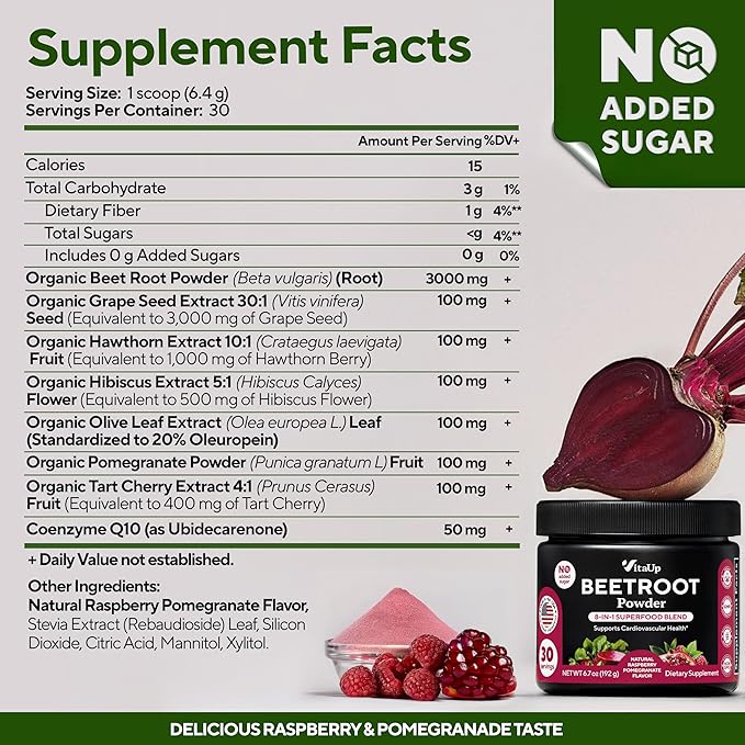 Beet Root Powder 8 in 1 – USA Made Beets Powder Supplements with Grape Seed Hawthorn Coq10 – with Organic Beetroot for Energy &amp Circulation Support – Non-GMO Mixed Berry Flavor 30 Serving