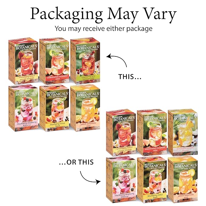 Bigelow Botanicals Cold Water Infusion Herbal Variety Pack Caffeine Free Tea with Cranberry Watermelon Blackberry Strawberry Peach &amp Blueberry Flavor 18 Count Box (Pack of 6) 108 Total Tea