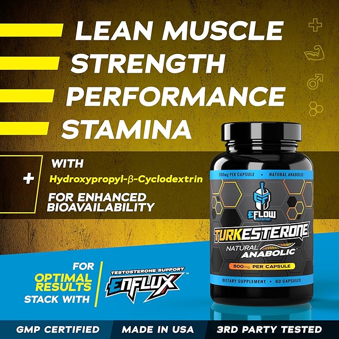 eFlow Nutrition Turkesterone Supplement for Men [Highest Purity] + Cyclodextrin for High Absorption - Increase Stamina Lean Muscle Growth &amp Recovery Boosts Drive - 3rd Party Tested (60 Capsules)
