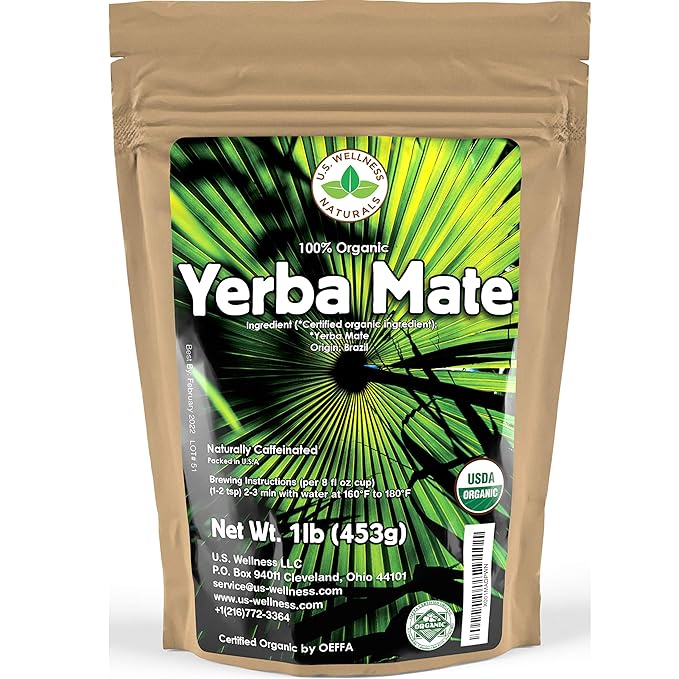 Yerba Mate Tea 1LB (16Oz) HI-CAFFEINE 100% CERTIFIED Organic SUPER-GREEN Yerba Mate | NO Dust | FRESH - NEVER Aged (Ilex Paraguariensis) | Brazilian Rain Forest Grown from U.S. Wellness Naturals | HI-