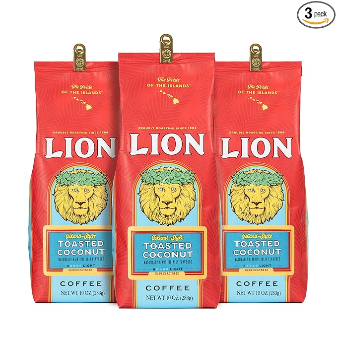 Lion Coffee 3-Pack Toasted Coconut Flavored Light Roast Ground Coffee A Taste of Aloha - 10 Ounce Bags (Pack of Three)