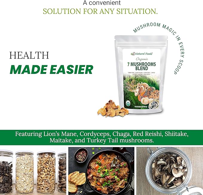Z Natural Foods Organic 7 Sacred Mushrooms Blend - Lion’s Mane Cordyceps Chaga Red Reishi Shiitake Maitake - Organic Mushroom Powder for Coffee Smoothies 1 lb