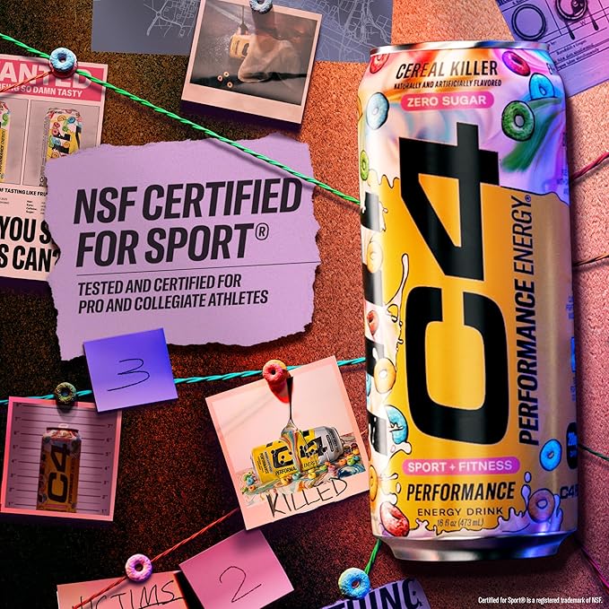 Cellucor C4 Energy Carbonated Zero Sugar Energy Drink Pre Workout Drink + Beta Alanine Cereal Killer 16 Fl Oz Can (Pack of 12)