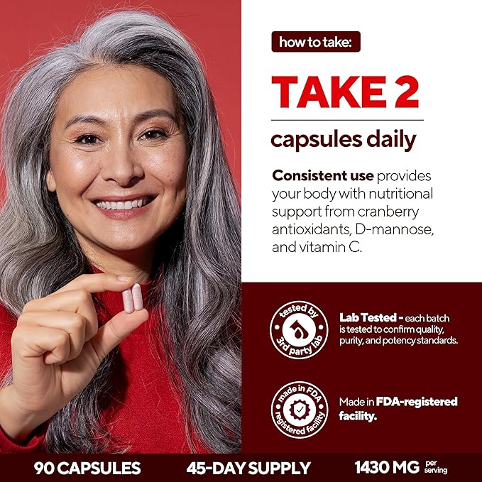 D mannose with Cranberry and Vitamin C - USA Made D-mannose 1000mg Capsules - Cranberry Pills for Urinary Tract &amp Bladder Immune Support - 90 Count