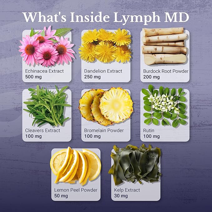 Lymph MD - Lymphatic Drainage Supplement - with Bromelain Echinacea Burdock Root Dandelion Rutin Kelp &amp More - Lymph System Support for Women &amp Men - 60 Capsules