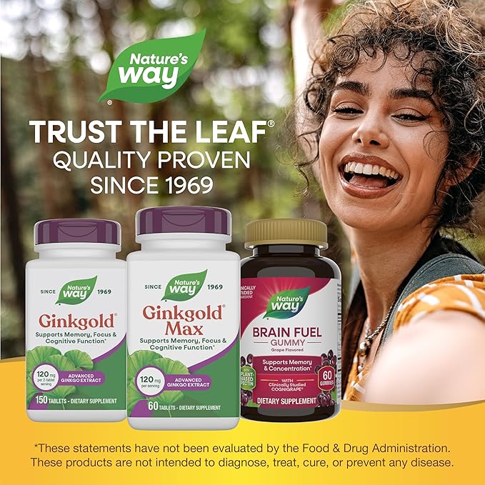 Nature's Way Ginkgold Max Advanced Ginkgo Extract Supports Concentration Cognitive Function* Memory and Focus* Gluten-Free Vegan 60 Vegan Tablets (Packaging May Vary)