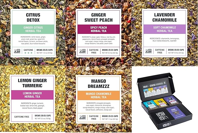 Tiesta Tea - Herbal Loose Leaf Tea Gift Box Set Medium to Non-Caffeinated Assorted Blends 5 Pouches of Hot &amp Iced Brews Variety Pack Chamomile Ginger Citrus and Lavender Herbal