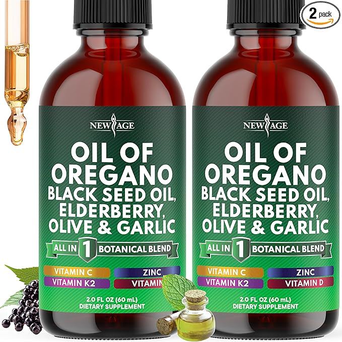 NEW AGE Oil of Oregano Drops - Black Seed Oil Elderberry Vitamin D D3 K2 Olive Garlic - Immune Support Supplement Wellness Formula Zinc Supplements Liquid - 4Fl Oz