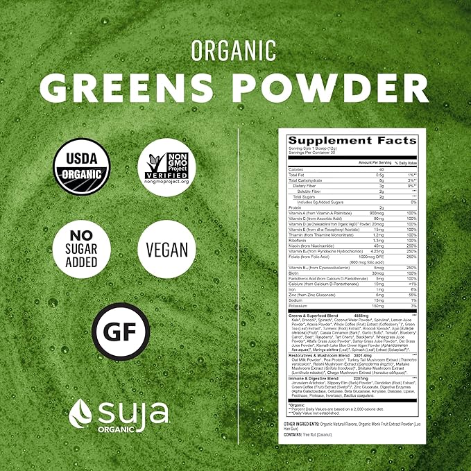 Suja Organic Greens Powder Probiotic Blend Spirulina Daily Superfood Drink or Smoothie Mix for Immune Support Digestion &amp Energy Vegan Gluten Free Non GMO 10 Servings
