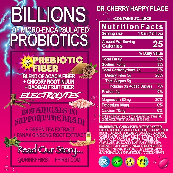 Fhirst Probiotic &amp Prebiotic Dr. Cherry Happy Place Gluten Free &amp Low Sugar Sparkling Drink with Electrolytes &amp Botanicals Gut Health Support Vegan Caffeine Free Non GMO 12 FL OZ Cans