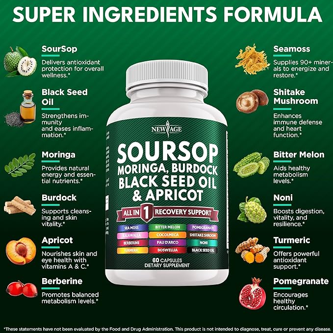 Soursop Supplement - Moringa Sea Moss Black Seed Oil Berberine Turmeric Apricot Quercetin Greens Bitters Boswellia Bitter Melon Burdock Root - 120 Capsules
