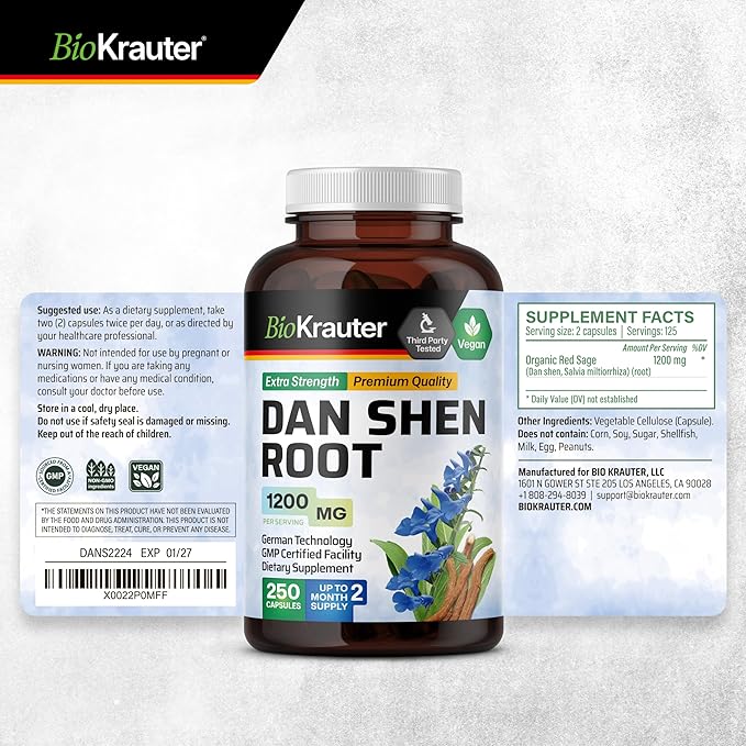 BIO KRAUTER® Dan Shen Red Sage for Circulatory Support - Pure Vegan Dan Shen Supplement (Salvia Miltiorrhiza) 1200 mg per Serving - Antioxidant Herbal Supplement 250 Сapsules 50-Day Supply Non-GMO