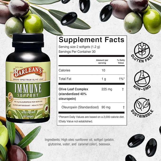 Barlean's Olive Leaf Complex Softgels Immune Support Supplement with 90 mg Oleuropein Antioxidants Concentrated Heart Health and Immunity Booster Pills 60 Count